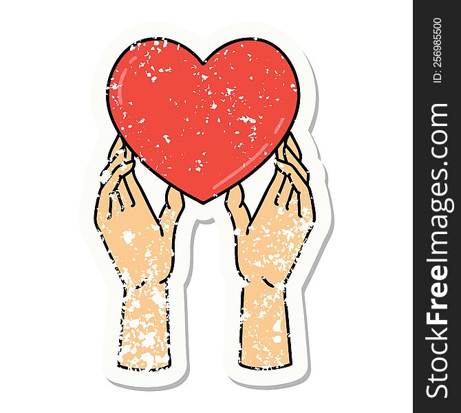 distressed sticker tattoo in traditional style of hands reaching for a heart. distressed sticker tattoo in traditional style of hands reaching for a heart
