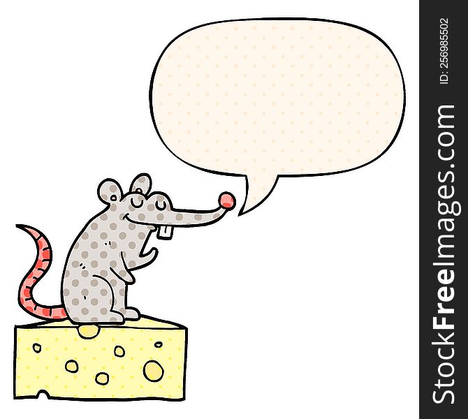 Cartoon Mouse Sitting On Cheese And Speech Bubble In Comic Book Style