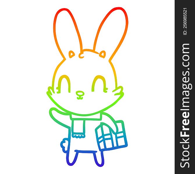 rainbow gradient line drawing of a cute cartoon rabbit with christmas present