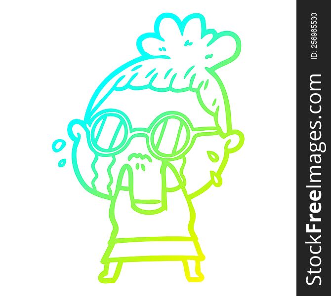 cold gradient line drawing of a cartoon crying woman wearing sunglasses