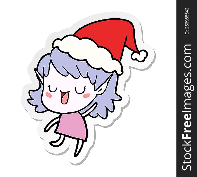 hand drawn sticker cartoon of a elf girl wearing santa hat
