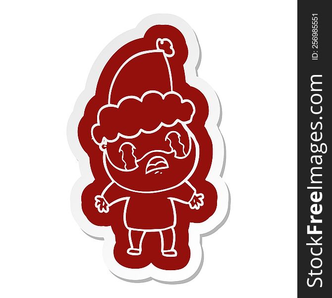 Cartoon  Sticker Of A Bearded Man Crying Wearing Santa Hat