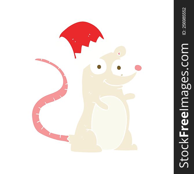 flat color illustration of a cartoon mouse wearing christmas hat