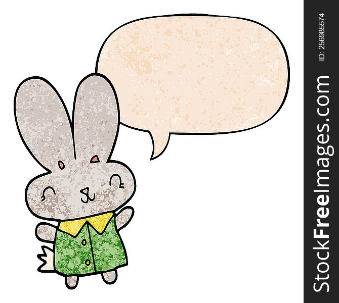 Cute Cartoon Tiny Rabbit And Speech Bubble In Retro Texture Style