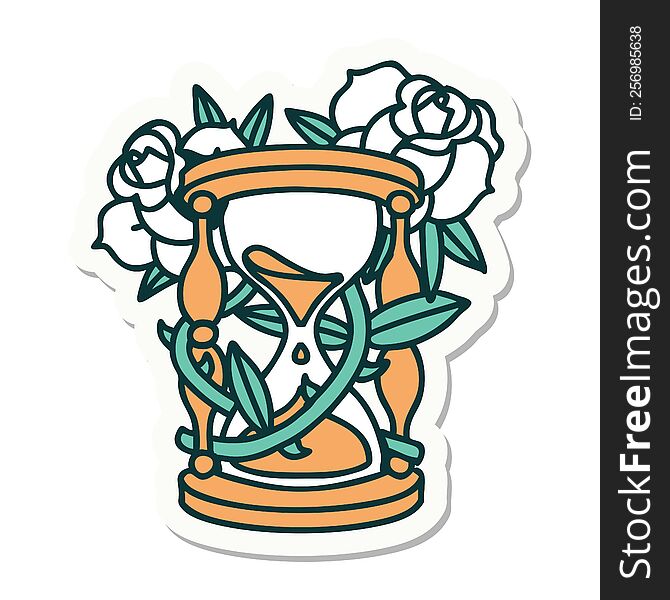 tattoo style sticker of an hour glass and flowers