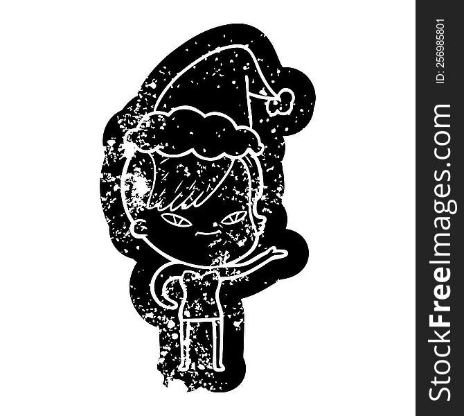 cute cartoon distressed icon of a girl with hipster haircut wearing santa hat