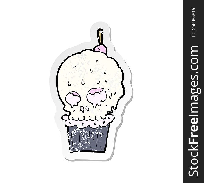 Retro Distressed Sticker Of A Cartoon Spooky Skull Cupcake