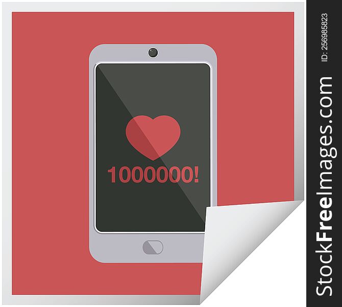 mobile phone showing 1000000 likes graphic vector illustration square sticker. mobile phone showing 1000000 likes graphic vector illustration square sticker
