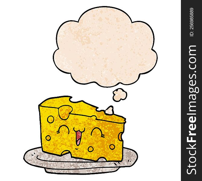 Cute Cartoon Cheese And Thought Bubble In Grunge Texture Pattern Style