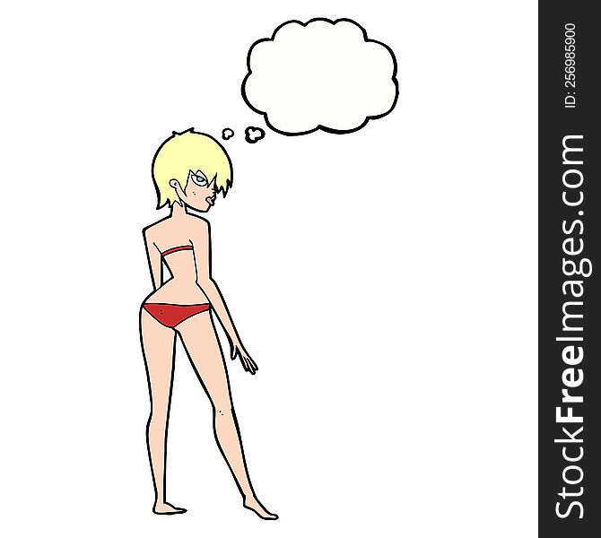 cartoon woman in bikini with thought bubble