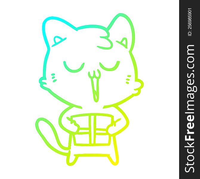 Cold Gradient Line Drawing Cartoon Cat With Present