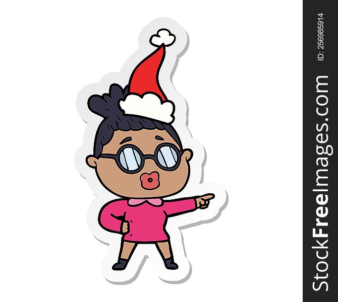 hand drawn sticker cartoon of a pointing woman wearing spectacles wearing santa hat