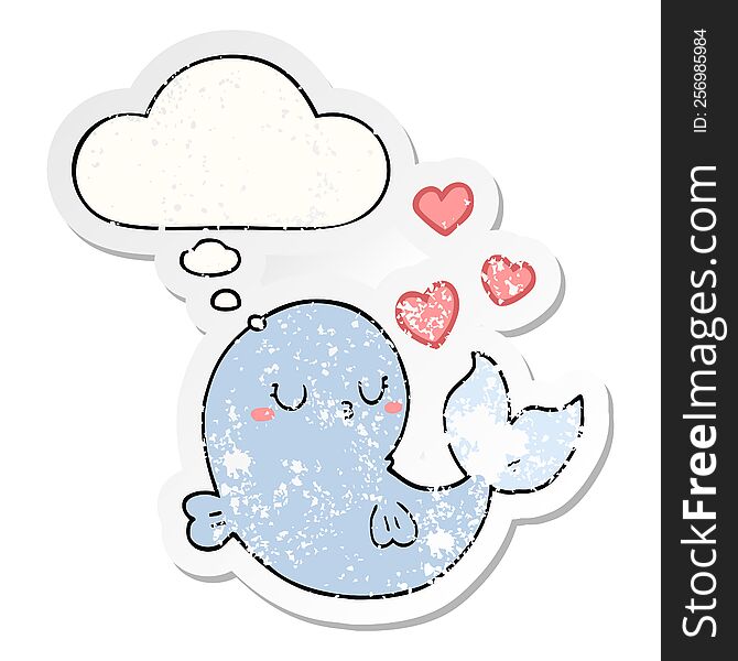 cute cartoon whale in love with thought bubble as a distressed worn sticker