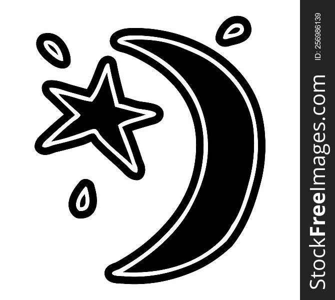 Cartoon Icon Drawing Of The Moon And A Star