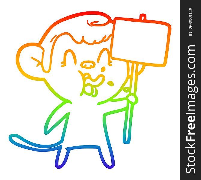 Rainbow Gradient Line Drawing Crazy Cartoon Monkey With Sign