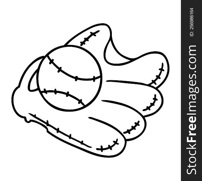 Line Drawing Doodle Of A Baseball And Glove