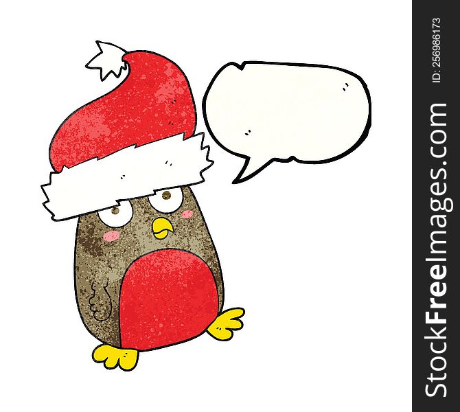 freehand speech bubble textured cartoon christmas robin wearing christmas hat. freehand speech bubble textured cartoon christmas robin wearing christmas hat
