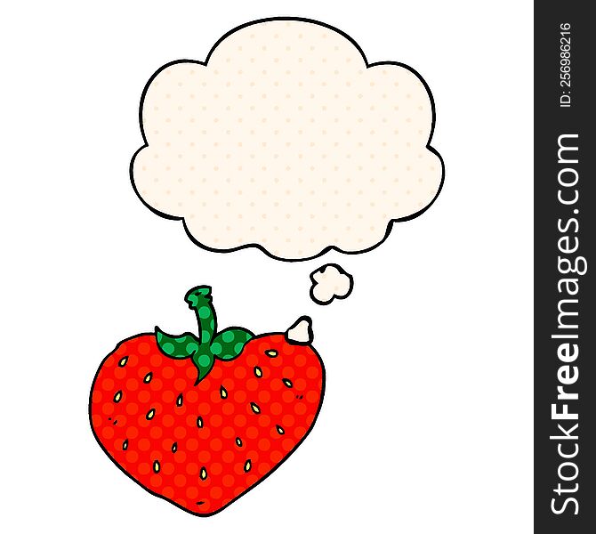 cartoon strawberry with thought bubble in comic book style