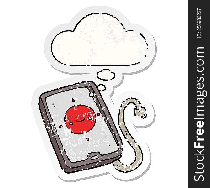 cartoon mobile phone device with thought bubble as a distressed worn sticker