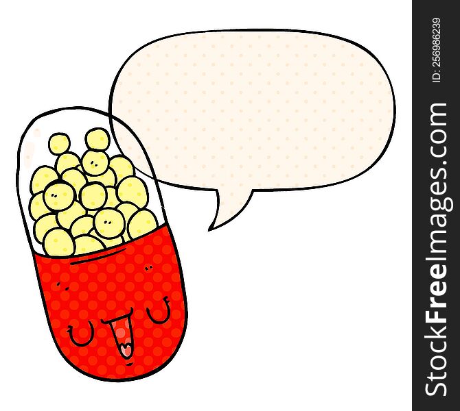 cartoon medical pill and speech bubble in comic book style