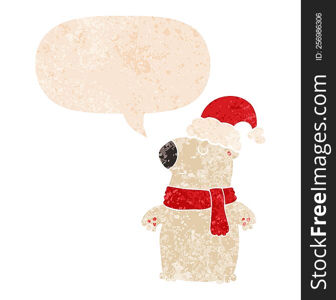 Cute Cartoon Christmas Bear And Speech Bubble In Retro Textured Style