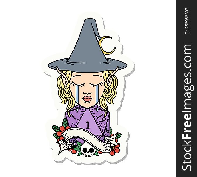 Crying Elf Mage Character Face With Natural One D20 Roll Sticker