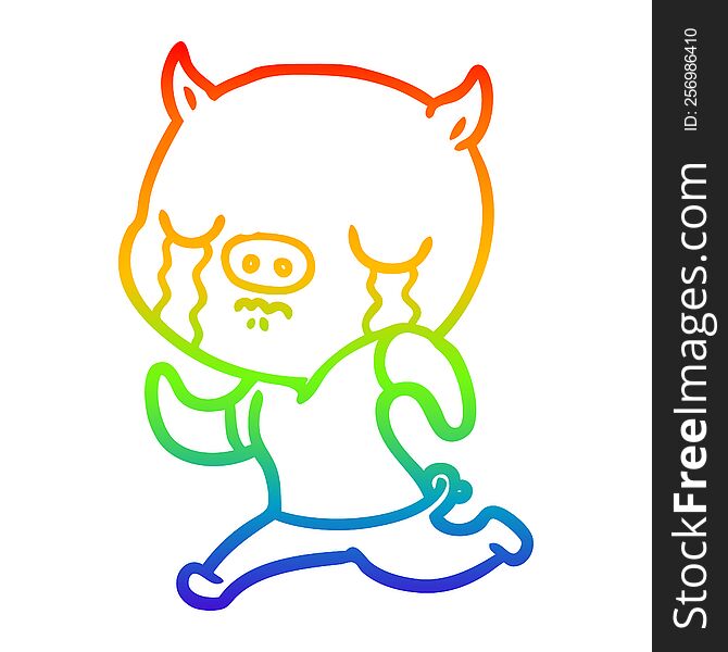 rainbow gradient line drawing of a cartoon pig crying running away