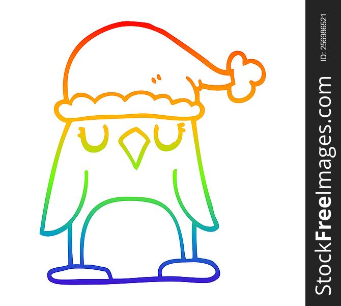 rainbow gradient line drawing of a cartoon christmas penguin