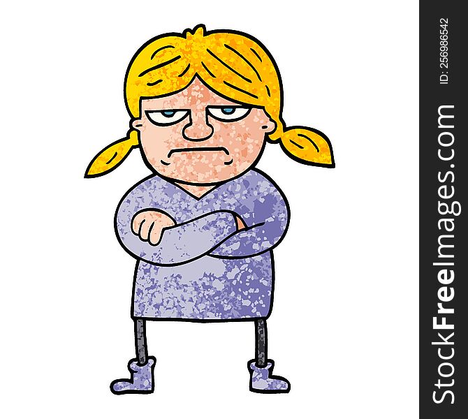 Grunge Textured Illustration Cartoon Grumpy Girl