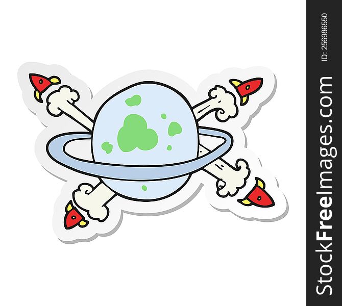 Sticker Of A Cartoon Rockets Leaving A Planet