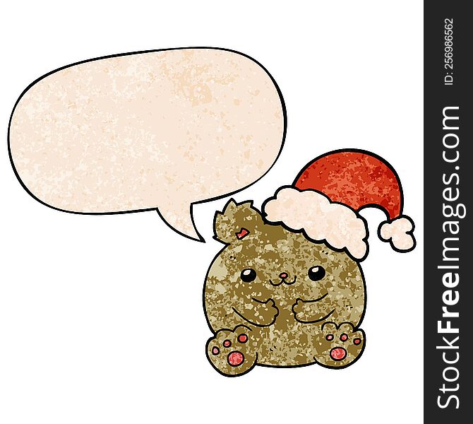 Cute Cartoon Christmas Bear And Speech Bubble In Retro Texture Style