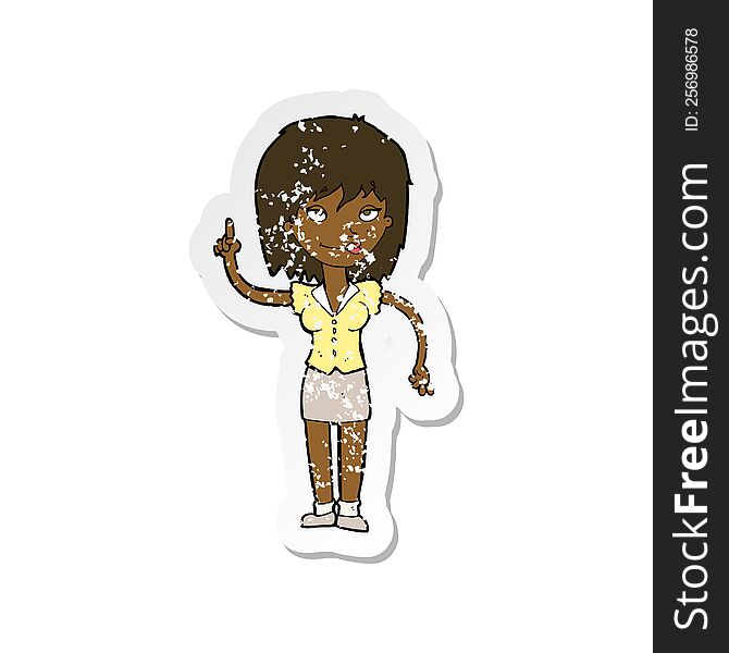 Retro Distressed Sticker Of A Cartoon Woman With Idea