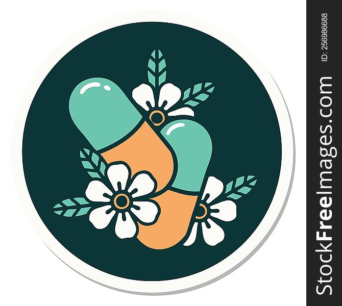 sticker of tattoo in traditional style of pills and flowers. sticker of tattoo in traditional style of pills and flowers