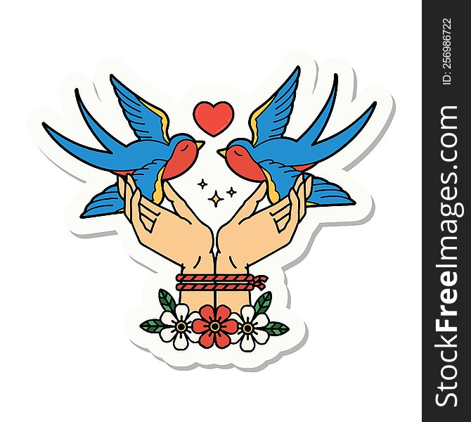 Tattoo Style Sticker Of A Tied Hands And Swallows