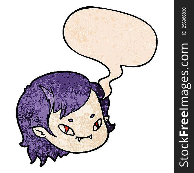 Cartoon Vampire Girl Face And Speech Bubble In Retro Texture Style