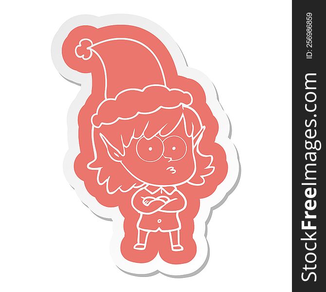 Cartoon  Sticker Of A Elf Girl Staring Wearing Santa Hat