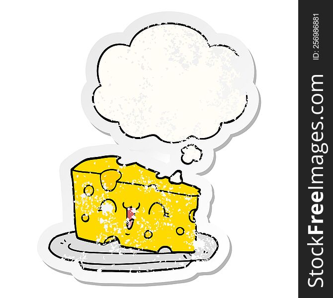 cute cartoon cheese with thought bubble as a distressed worn sticker