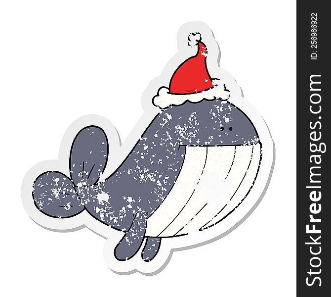 Distressed Sticker Cartoon Of A Whale Wearing Santa Hat