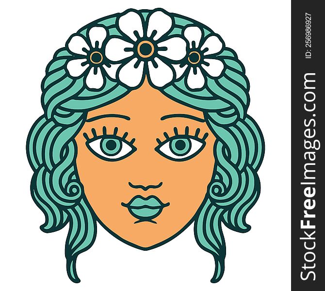 iconic tattoo style image of female face with crown of flowers. iconic tattoo style image of female face with crown of flowers