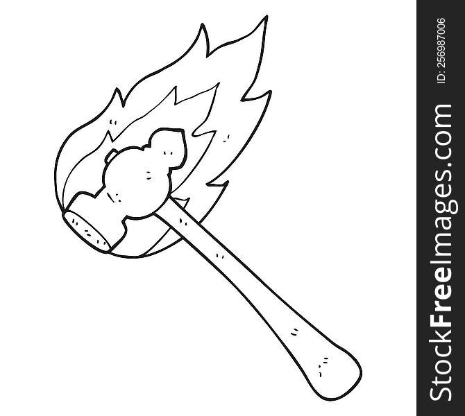 freehand drawn black and white cartoon flaming hammer