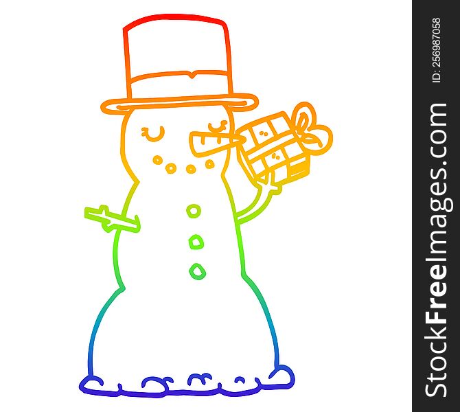 Rainbow Gradient Line Drawing Cartoon Christmas Snowman