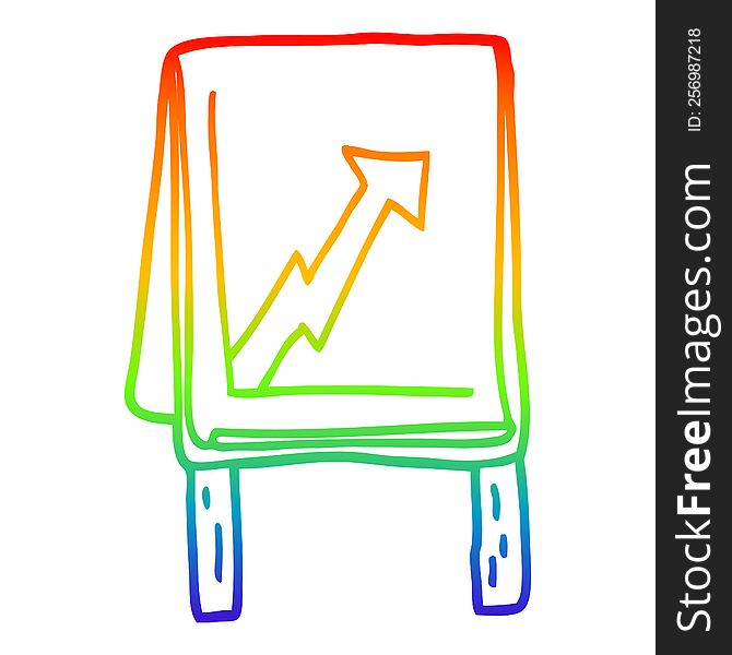 rainbow gradient line drawing of a cartoon business chart with arrow