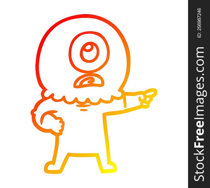 Warm Gradient Line Drawing Cartoon Cyclops Alien Spaceman Pointing