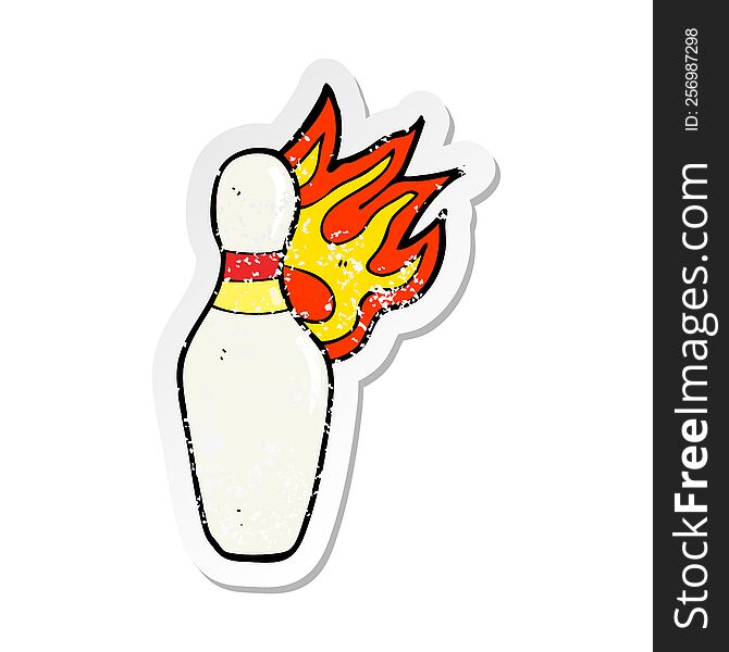 retro distressed sticker of a cartoon ten pin bowling skittle on fire