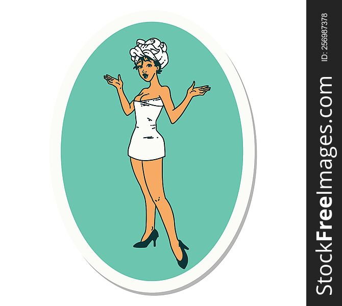 sticker of tattoo in traditional style of a pinup girl in towels. sticker of tattoo in traditional style of a pinup girl in towels