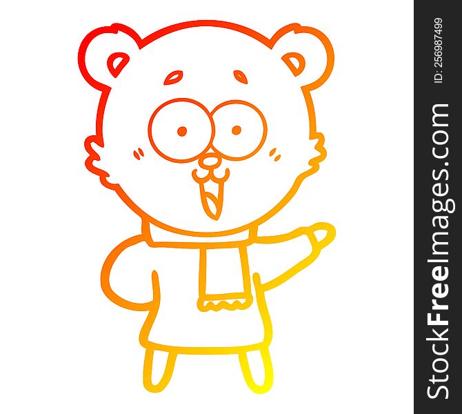 Warm Gradient Line Drawing Laughing Teddy  Bear Cartoon In Winter Clothes