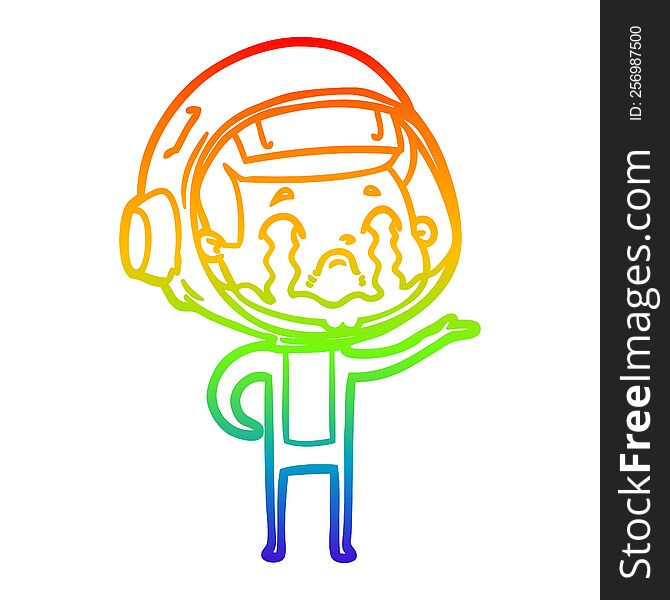 rainbow gradient line drawing of a cartoon crying astronaut