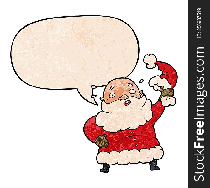 cartoon santa claus waving his hat with speech bubble in retro texture style