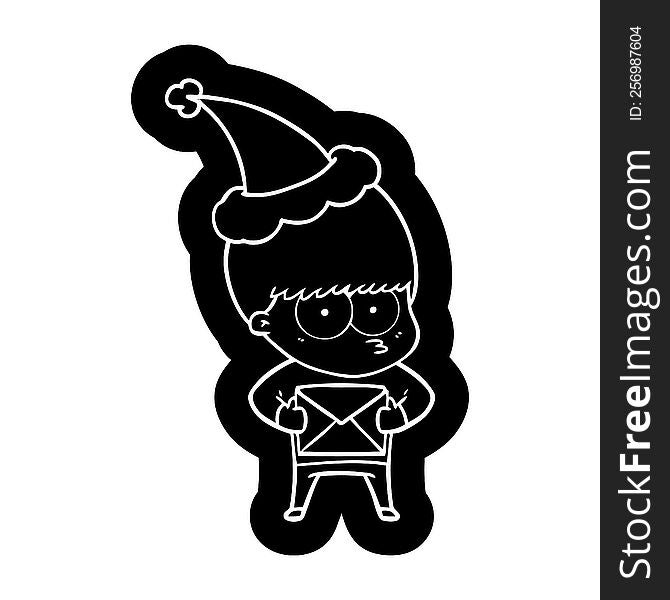 nervous quirky cartoon icon of a boy wearing santa hat