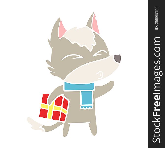 Flat Color Style Cartoon Christmas Wolf Whistling